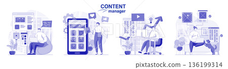 Content manager isolated set in flat design. People drawing pictures and graphic elements site, collection of scenes. Vector illustration for blogging, website, mobile app, promotional materials. Content manager isolated set in flat design. People drawing pictures and graphic elements site, collection of scenes. Vector illustration for blogging, website, mobile app, promotional materials. 136199314