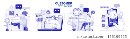 Customer service isolated set in flat design. People advice and support, operator call center, collection of scenes. Vector illustration for blogging, website, mobile app, promotional materials. 136199315
