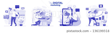 Digital marketing isolated set in flat design. People attraction new clients and online promotion, collection of scenes. Vector illustration for blogging, website, mobile app, promotional materials. Digital marketing isolated set in flat design. People attraction new clients and online promotion, collection of scenes. Vector illustration for blogging, website, mobile app, promotional materials. 136199318