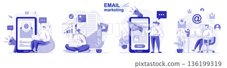 Email marketing isolated set in flat design. People send advertising mailings, business promotion, collection of scenes. Vector illustration for blogging, website, mobile app, promotional materials. 136199319