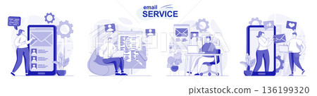 Email service isolated set in flat design. People send and receive letters, personal correspondence, collection of scenes. Vector illustration for blogging, website, mobile app, promotional materials. Email service isolated set in flat design. People send and receive letters, personal correspondence, collection of scenes. Vector illustration for blogging, website, mobile app, promotional materials. 136199320