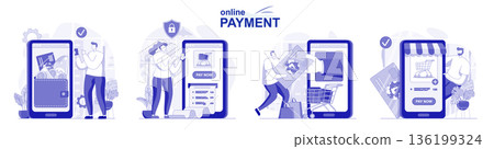 Online payment isolated set in flat design. People making banking transactions using applications, collection of scenes. Vector illustration for blogging, website, mobile app, promotional materials. 136199324