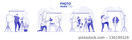 Photo studio isolated set in flat design. People take photos on professional camera with lights, collection of scenes. Vector illustration for blogging, website, mobile app, promotional materials. 136199326