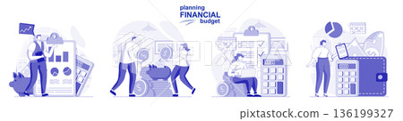 Planning financial budget isolated set in flat design. People make accounting analysis, bookkeeping, collection of scenes. Vector illustration for blogging, website, mobile app, promotional materials. Planning financial budget isolated set in flat design. People make accounting analysis, bookkeeping, collection of scenes. Vector illustration for blogging, website, mobile app, promotional materials. 136199327
