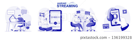 Podcast streaming isolated set in flat design. People make online broadcast or recording at studio, collection of scenes. Vector illustration for blogging, website, mobile app, promotional materials. 136199328