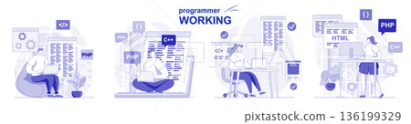 Programmer working isolated set in flat design. People coding, testing, programming software, collection of scenes. Vector illustration for blogging, website, mobile app, promotional materials. 136199329