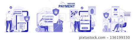 Secure payment isolated set in flat design. People make safe financial transactions, online banking, collection of scenes. Vector illustration for blogging, website, mobile app, promotional materials. 136199330