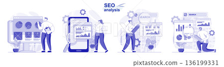 Seo analysis isolated set in flat design. People analyzing site data, optimization, develop strategy collection of scenes. Vector illustration for blogging, website, mobile app, promotional materials. 136199331