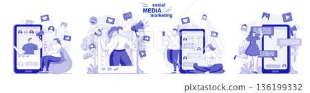 Social media marketing isolated set in flat design. People develop promotion strategy, advertising, collection of scenes. Vector illustration for blogging, website, mobile app, promotional materials. 136199332