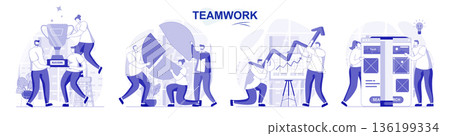 Teamwork isolated set in flat design. People brainstorming, collaboration, work at office together, collection of scenes. Vector illustration for blogging, website, mobile app, promotional materials. 136199334