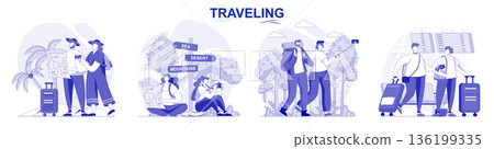 Traveling isolated set in flat design. People go on vacation together, journey and summer hiking, collection of scenes. Vector illustration for blogging, website, mobile app, promotional materials. 136199335