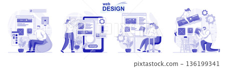 Web design isolated set in flat design. People create and place graphic elements at site layout, collection of scenes. Vector illustration for blogging, website, mobile app, promotional materials. 136199341