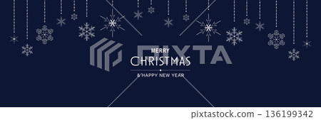 Merry Christmas and New Year 2022 poster. Xmas minimal banner design with hanging snowflakes and text on blue background. Horizontal festive header of website. Vector illustration for greeting card 136199342