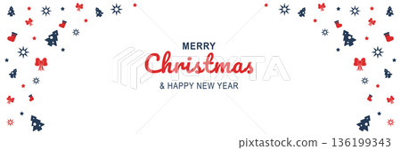 Merry Christmas and New Year 2022 poster. Xmas minimal banner design with trees, socks, bows, stars pattern and text on white background. Horizontal web header. Vector illustration for greeting card 136199343