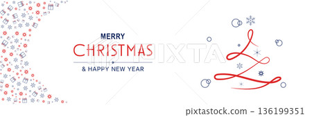 Merry Christmas and New Year 2022 poster. Xmas minimal banner with line tree and abstract pattern border and text on white background. Horizontal web header. Vector illustration for greeting card Merry Christmas and New Year 2022 poster. Xmas minimal banner with line tree and abstract pattern border and text on white background. Horizontal web header. Vector illustration for greeting card 136199351