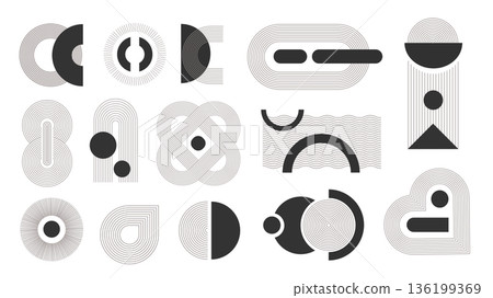 Aesthetic contemporary stripes set in flat cartoon design. Collection isolated elements of black and white geometric circles, arches, other wavy line figures with simple shapes. Vector illustration. 136199369