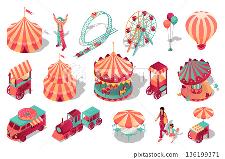 Amusement park 3d isometric set. Collection isolated flat elements of circus tent, clown, roller coaster attraction, ferris wheel, hot air balloon, street vendor kiosks, more. Vector illustration. 136199371