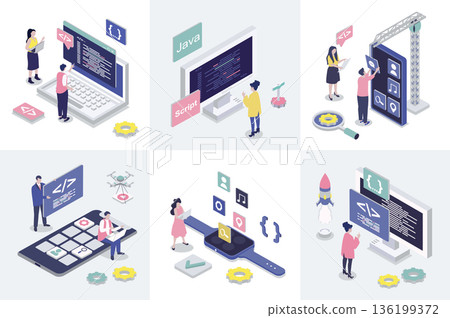 App development 3d isometry concept for web design. Collection set with isometric people programming applications, creating interface layouts, making settings and optimization. Vector illustration. 136199372