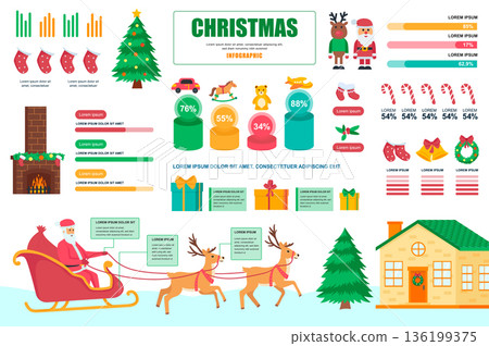 Christmas concept banner with infographic elements. Santa Claus, gifts and sweets, festive traditional decor. Poster template with graphic data visualization, timeline, workflow. Vector illustration Christmas concept banner with infographic elements. Santa Claus, gifts and sweets, festive traditional decor. Poster template with graphic data visualization, timeline, workflow. Vector illustration 136199375