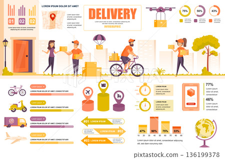 Delivery concept banner with infographic elements. Courier delivering parcels, global logistics, fast shipping. Poster template with graphic data visualization, timeline, workflow. Vector illustration 136199378