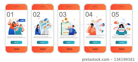 Bullying concept onboarding screens for mobile app templates. People suffer from abuse and stress. Modern UI, UX, GUI screens user interface kit with people scenes for web design. Vector illustration Bullying concept onboarding screens for mobile app templates. People suffer from abuse and stress. Modern UI, UX, GUI screens user interface kit with people scenes for web design. Vector illustration 136199381