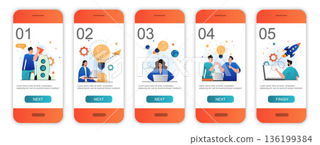 Business startup concept onboarding screens for mobile app templates. Success launch new project. Modern UI, UX, GUI screens user interface kit with people scenes for web design. Vector illustration 136199384