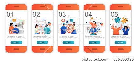 Teamwork concept onboarding screens for mobile app templates. Colleagues work, brainstorming. Modern UI, UX, GUI screens user interface kit with people scenes for web design. Vector illustration 136199389