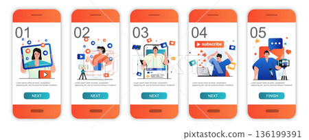 Video blogging concept onboarding screens for mobile app templates. Bloggers create video content. Modern UI, UX, GUI screens user interface kit with people scenes for web design. Vector illustration Video blogging concept onboarding screens for mobile app templates. Bloggers create video content. Modern UI, UX, GUI screens user interface kit with people scenes for web design. Vector illustration 136199391