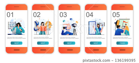 Women working concept onboarding screens for mobile app templates. Female different professions. Modern UI, UX, GUI screens user interface kit with people scenes for web design. Vector illustration 136199395