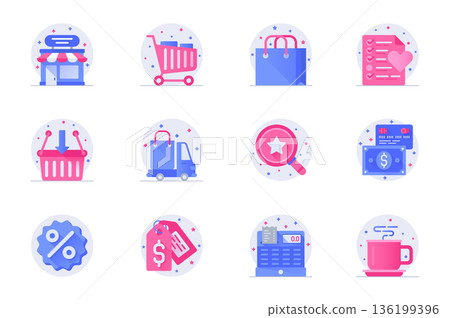 Shopping concept web flat color icons with shadow set. Pack pictograms of store, delivery, order, payment, discount, sale, price and other. Vector illustration of symbols for website mobile app design Shopping concept web flat color icons with shadow set. Pack pictograms of store, delivery, order, payment, discount, sale, price and other. Vector illustration of symbols for website mobile app design 136199396
