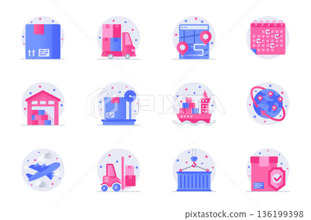 Shipping concept web flat color icons with shadow set. Pack pictograms of parcel, delivery, tracking, warehouse, plane, truck and other. Vector illustration of symbols for website mobile app design Shipping concept web flat color icons with shadow set. Pack pictograms of parcel, delivery, tracking, warehouse, plane, truck and other. Vector illustration of symbols for website mobile app design 136199398