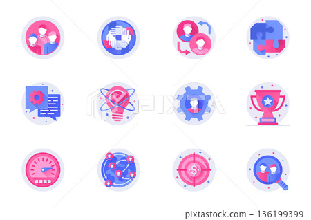 Teamwork concept web flat color icons with shadow set. Pack pictograms of business team, company, cooperation, leadership, work and other. Vector illustration of symbols for website mobile app design Teamwork concept web flat color icons with shadow set. Pack pictograms of business team, company, cooperation, leadership, work and other. Vector illustration of symbols for website mobile app design 136199399
