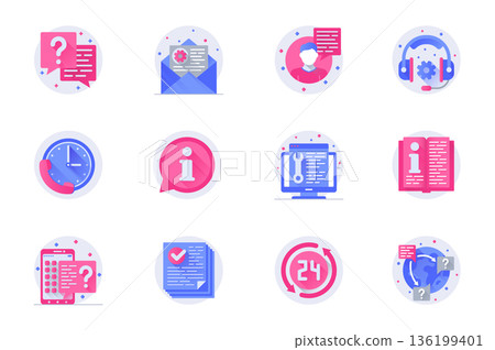 Customer support concept web flat color icons with shadow set. Pack pictograms of chat, message, email, assistant, headset and other. Vector illustration of symbols for website mobile app design 136199401