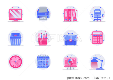 Office supplies concept web flat color icons with shadow set. Pack pictograms of computer, printer, folder, chair, briefcase and other. Vector illustration of symbols for website mobile app design Office supplies concept web flat color icons with shadow set. Pack pictograms of computer, printer, folder, chair, briefcase and other. Vector illustration of symbols for website mobile app design 136199405