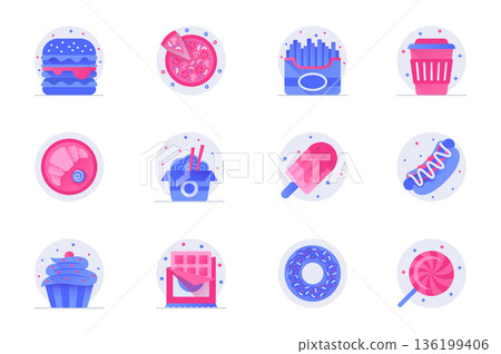 Fast food concept web flat color icons with shadow set. Pack pictograms of hamburger, pizza, fries, croissant, donut, ice cream and other. Vector illustration of symbols for website mobile app design 136199406