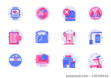 Fitness concept web flat color icons with shadow set. Pack pictograms of healthy diet, cycling, scales, gym, pool, basketball and other. Vector illustration of symbols for website mobile app design 136199416