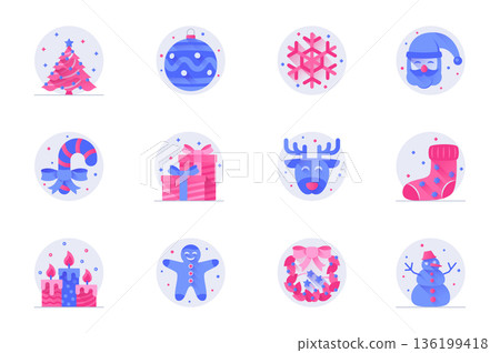 Christmas concept web flat color icons with shadow set. Pack pictograms of tree, ball, snowflake, Santa Claus, candy, gift, deer and other. Vector illustration of symbols for website mobile app design 136199418