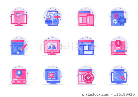 Design and development concept web flat color icons with shadow set. Pack pictograms of page optimization, layout, settings, image and other. Vector illustration of symbols for website mobile app Design and development concept web flat color icons with shadow set. Pack pictograms of page optimization, layout, settings, image and other. Vector illustration of symbols for website mobile app 136199420