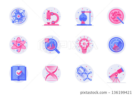 Science concept web flat color icons with shadow set. Pack pictograms of big bang theory, microscope, tube test, atom, research and other. Vector illustration of symbols for website mobile app design Science concept web flat color icons with shadow set. Pack pictograms of big bang theory, microscope, tube test, atom, research and other. Vector illustration of symbols for website mobile app design 136199421