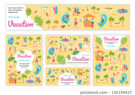 Summer vacation poster and banner templates set. Men and women relaxing at seaside resort, swimming, sunbathing, surfing, resting. Cover brochure with tiny people in flat design. Vector illustration. 136199425