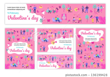 Valentines day poster and banner templates set. Men and women in love go on romantic date, giving gifts, celebrating holiday. Cover brochure with tiny people in flat design. Vector illustration. 136199428