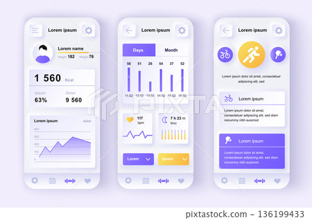 Fitness workout concept neumorphic templates set. Sports activity tracker, calorie tracking, training statistics. UI, UX, GUI screens for responsive mobile app. Vector design kit in neumorphism style Fitness workout concept neumorphic templates set. Sports activity tracker, calorie tracking, training statistics. UI, UX, GUI screens for responsive mobile app. Vector design kit in neumorphism style 136199433