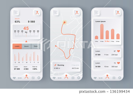 Fitness workout concept neumorphic templates set. Weight and calorie tracker, running route, training statistics. UI, UX, GUI screens for responsive mobile app. Vector design kit in neumorphism style 136199434