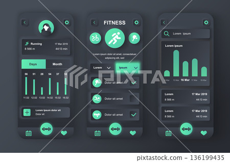 Fitness workout concept neumorphic templates set. Daily running tracker, sports activity, training planning. UI, UX, GUI screens for responsive mobile app. Vector design kit in neumorphism style Fitness workout concept neumorphic templates set. Daily running tracker, sports activity, training planning. UI, UX, GUI screens for responsive mobile app. Vector design kit in neumorphism style 136199435