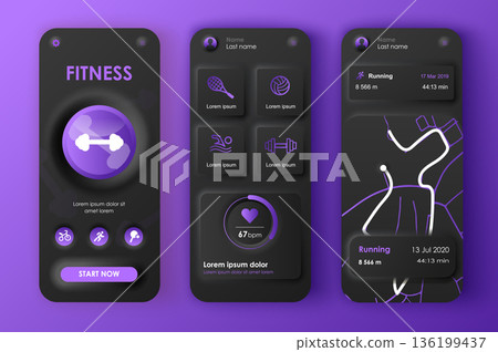 Fitness workout concept neumorphic templates set. Tracker different sports training, running routes, statistics. UI, UX, GUI screens for responsive mobile app. Vector design kit in neumorphism style 136199437