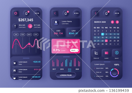 Finance services concept neumorphic templates set. Financial analytics, payments, management and monitoring. UI, UX, GUI screens for responsive mobile app. Vector design kit in neumorphism style Finance services concept neumorphic templates set. Financial analytics, payments, management and monitoring. UI, UX, GUI screens for responsive mobile app. Vector design kit in neumorphism style 136199439