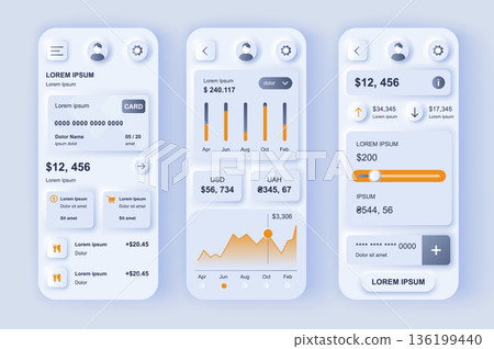 Finance services concept neumorphic templates set. Financial account in online banking, transaction monitoring. UI, UX, GUI screens for responsive mobile app. Vector design kit in neumorphism style 136199440