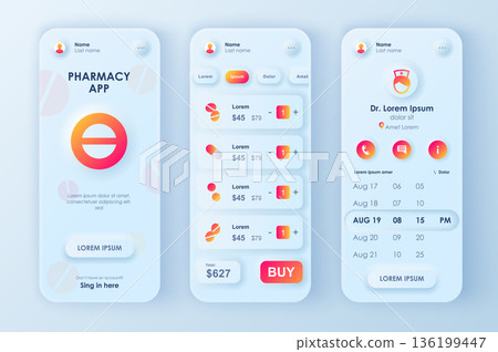 Online pharmacy concept neumorphic templates set. Choose and buy of tablets and medicines, payment for order. UI, UX, GUI screens for responsive mobile app. Vector design kit in neumorphism style 136199447