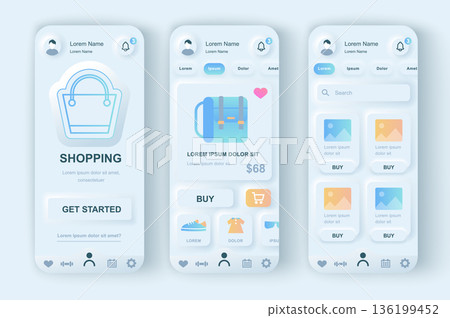 Online shopping concept neumorphic templates set. E-commerce website with products at mobile platform wireframe. UI, UX, GUI screens for responsive mobile app. Vector design kit in neumorphism style 136199452