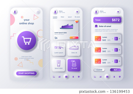 Online shopping concept neumorphic templates set. Store website with products, marketplace at mobile platform. UI, UX, GUI screens for responsive mobile app. Vector design kit in neumorphism style 136199453